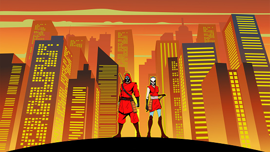 An anime style vector illustration of a ninja couple standing on a ground with city buildings in the background. Easy to grab and edit. Spaces available for your copy.
