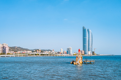 Scenery of the Twin Towers and Coastline in Xiamen, Fujian Province, China