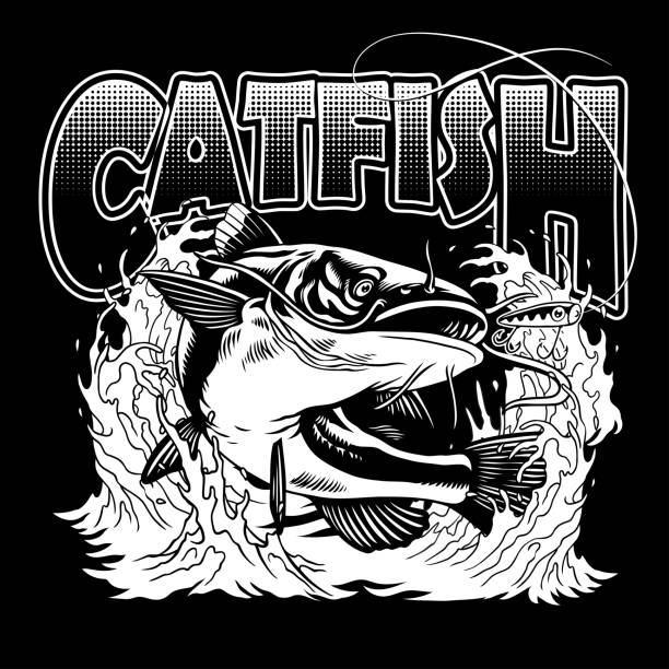 ilustrações, clipart, desenhos animados e ícones de capturando catfish shirt design ilustração - catfish fish fishing fishing hook