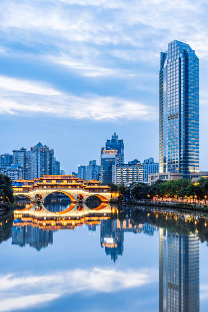 night scenery of anshun bridge in chengdu, sichuan, china - chengdu stock-fotos und bilder