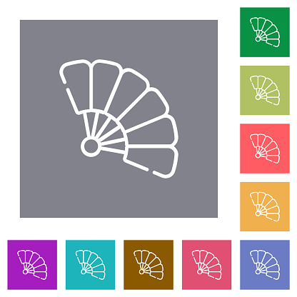 Folding hand fan outline flat icons on simple color square backgrounds
