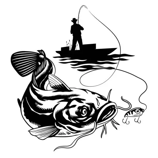Vector illustration of Fisherman Catching the Big Catfish in Black and White Style