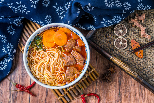 Chinese Food Braised Beef noodle soup in a tray