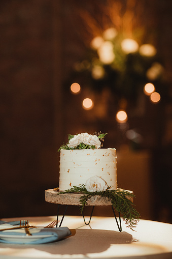 Elegant small wedding cake at a wedding reception