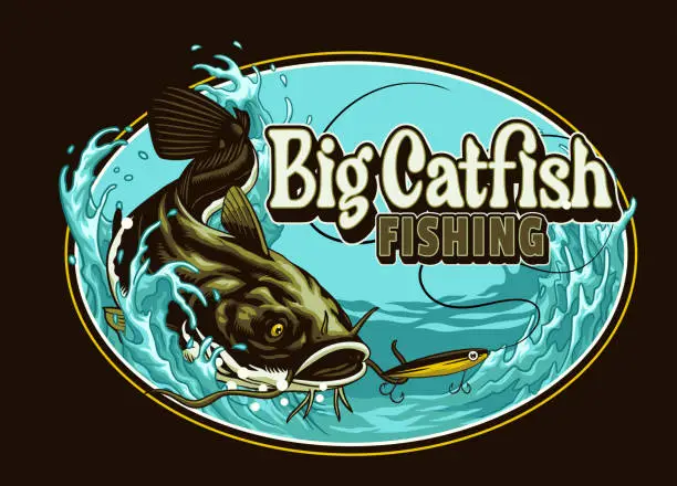 Vector illustration of Vintage Shirt of Big Catfish Fishing Illustration