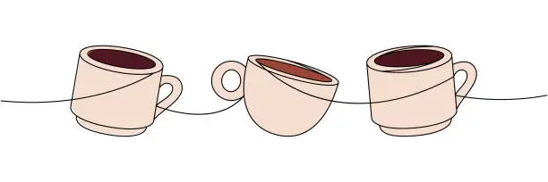 Vector illustration of Espresso coffee cups one line colored continuous drawing. Hand drawn elements for cafe menu, coffee shop. Vector linear illustration.