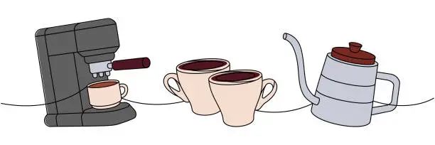 Vector illustration of Coffee set one line colored continuous drawing. Coffee machine, espresso cups, gooseneck kettle continuous one line colored illustration.