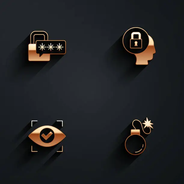 Vector illustration of Set Cyber security, Lock, Eye scan and Bomb icon with long shadow. Vector