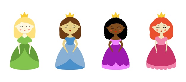 Set of different princesses vector illustrations in simple cartoon flat design. Various skin and hair colors. Four girls in different dresses and with crowns