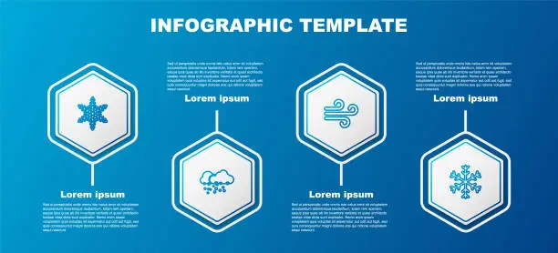 Vector illustration of Set line Snowflake, Cloud with snow, Wind and . Business infographic template. Vector