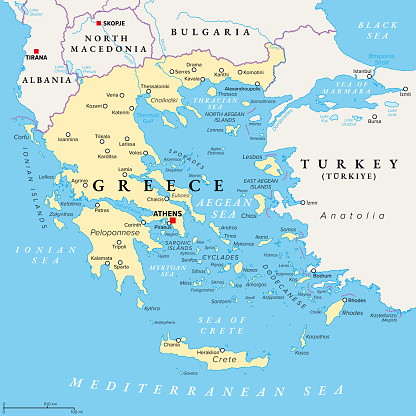 Greece, the Hellenic Republic, political map. Country in Southeast Europe on the southern tip of the Balkan peninsula, with capital Athens. Bordered by the Aegean, Ionian, and the Mediterranean Sea.