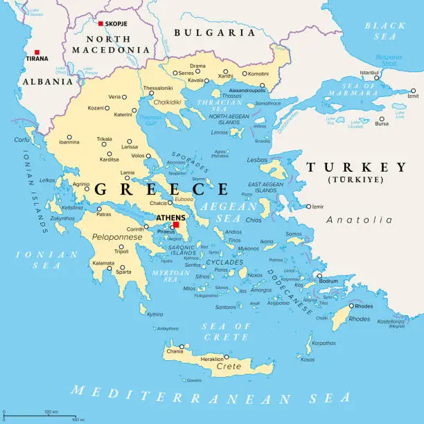 Vector illustration of Greece, the Hellenic Republic, with capital Athens, political map