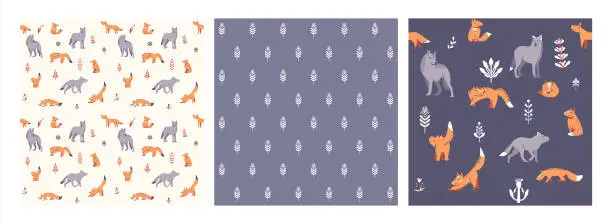 Vector illustration of set of 3 cartoon patterns with foxes, wolves and twigs. Suitable for fabric, wallpaper, wrapping paper for children.