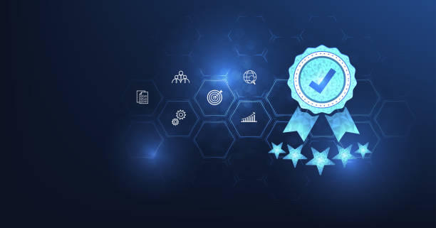 Quality management and validation process concept. Quality management and validation process concept. Quality Assurance (QA) and Quality Control (QC), ISO certification, The icon for quality assurance is on a dark blue background. obedience stock illustrations