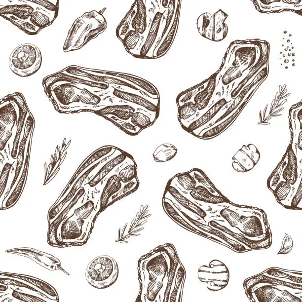 Vector illustration of Hand-drawn vector seamless pattern of hamon or pork meat, ham slice with with herbs, garlic and mushrooms. Italian prosciutto vintage sketch. Butcher shop. Great for label, restaurant menu.