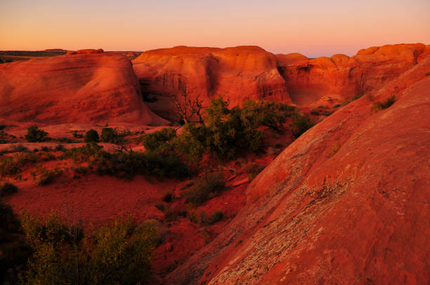Twilight on rounded sandstone hills on the way to the Delicate Arch, Arches National Park, Moab, Utah, USA.