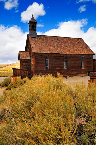The wooden Methodist church of Bodie State Historic Park, a gold rush ghost town located east of the Sierra Nevada of California, western USA.