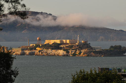 View of Alcatraz Island from the hills of San Francisco, California, USA.