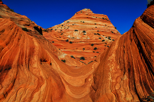 Sunrise on The Wave sandstone formation, Coyote Buttes North, Vermilion Cliffs National Monument, Arizona, USA.