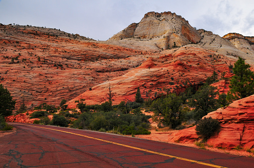 The spectacular Utah Scenic Byway 9 from Springdale to Mt. Carmel Junction cutting through the sandstone wonderland around Checkerboard Mesa, Zion National Park, Utah, Southwest USA.