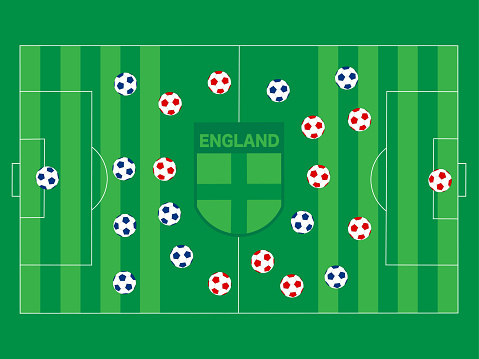 Red and blue football competition (concept). An England flag shield is mowed into the grass at the center of the field.  Each of the eleven balls (on both teams) are on separate layers and can be moved easily anywhere on the field.