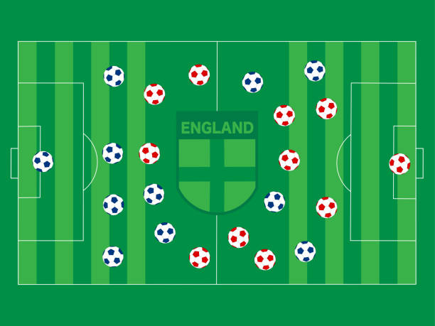 England football Red and blue football competition (concept). An England flag shield is mowed into the grass at the center of the field. Each of the eleven balls (on both teams) are on separate layers and can be moved easily anywhere on the field. scotland football team stock illustrations