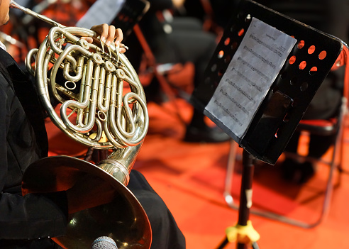 Female musician playing french horn during a live orchestra performance.