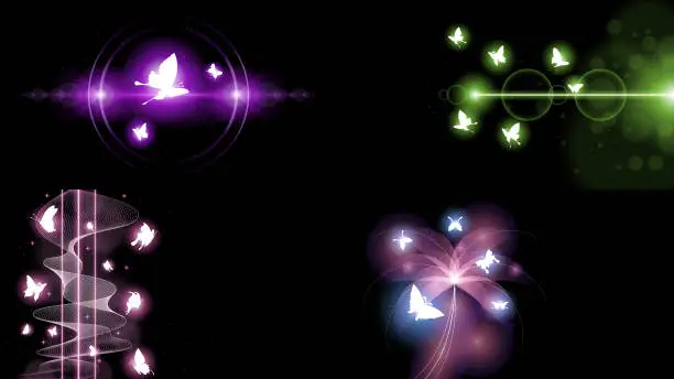 Vector illustration of Set Abstract Collection Dark Background With Butterflies Insects Glow Light Shine Flashes Vector Design Style