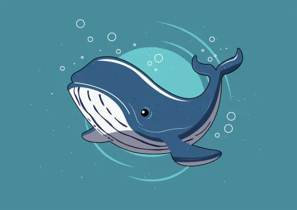 Vector illustration of Cartoon vector illustration of a whale swimming with bubbles rising above. This playful artwork captures