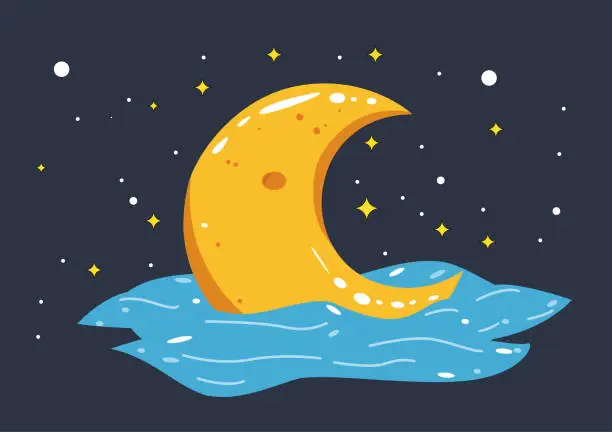 Vector illustration of Cartoon illustration of a crescent moon floating above the sea, surrounded by twinkling stars.  vector artwork serene beauty moonlit night, with the calm sea below reflecting the celestial scene above