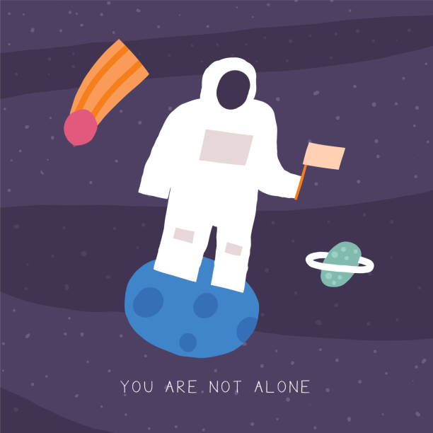 Cute space postcard with cosmonaut Cute space postcard with funny hand drawn doodle cosmonaut, comet, planet, flag, moon. Cosmic, universe, night sky cover, template, banner, poster, print. Cartoon style you are not alone background for kids you are not alone stock illustrations