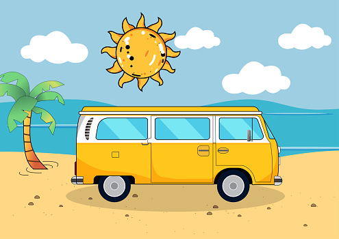 Cartoon vector illustration of a mini van parked on the beach, with a clear blue sky and a shining sun in the background. relaxed atmosphere of a beach day, vacation- designs and family-friendly