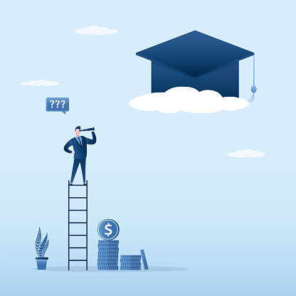 Poor student with too short ladder to climb to reach high graduation hat on cloud. Education high cost, expensive school or university cost, education gap, scholarship opportunity. flat vector