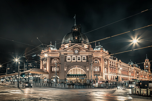 The night view of the Flinders Street Railway Station in Melbourne city