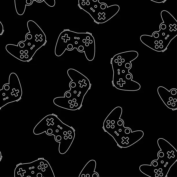 Vector illustration of Game joystick seamless pattern. Accessories for playing on a computer or console. Texture, line art style. Decoration with keypad tool isolated on black background. Modern gadget.