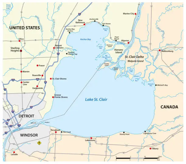 Vector illustration of Vector map of Lake St. Clair, United States, Canada