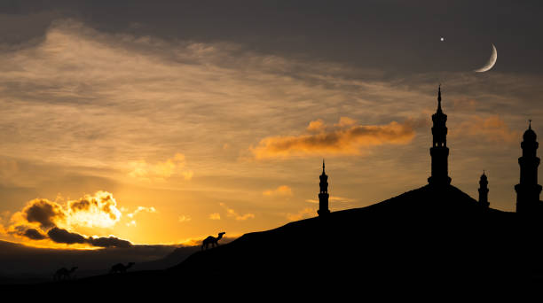 istock Musque Dome Camel Desert Mountain Night Building with Sky Moon Sunset Background Mubaruk Greeting Islam Ramadan Element Masjid Aqsa Hajj Kaaba Umrah Eid Arabian Religion Islamic Arab Muslim Greeting. 2070167646