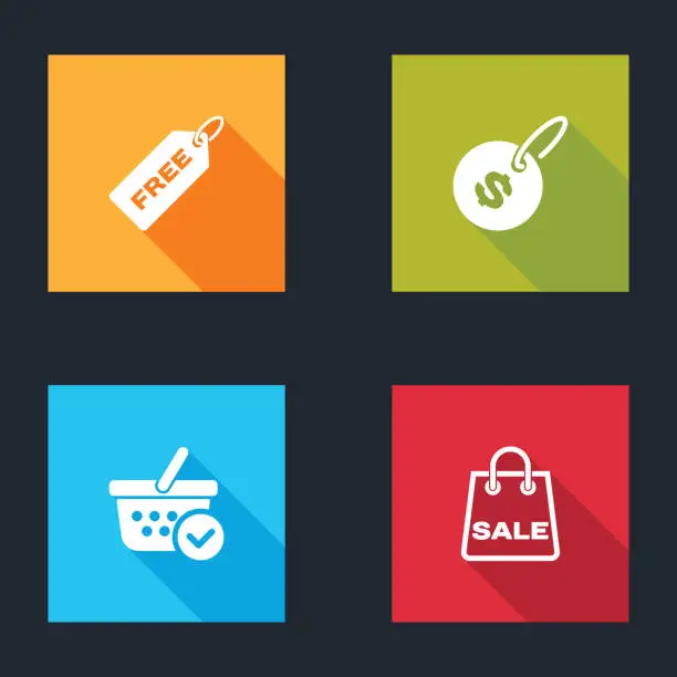 Vector illustration of Set Price tag with Free, dollar, Shopping basket check mark and bag Sale icon. Vector