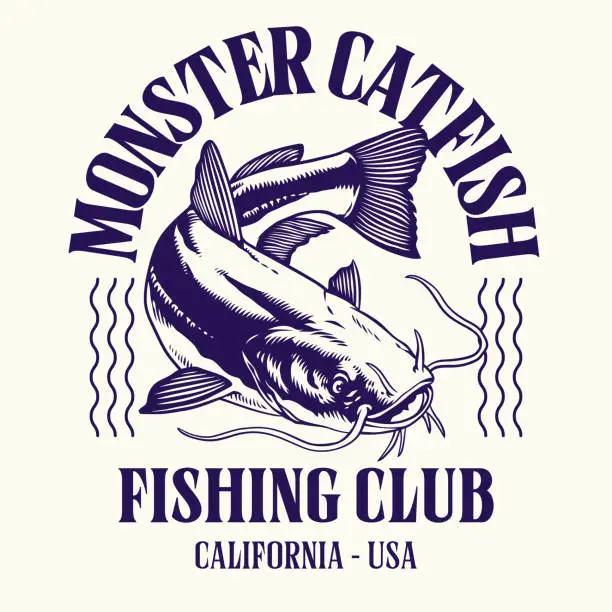 Vector illustration of Vintage Shirt Design of Monster Catfish Fishing