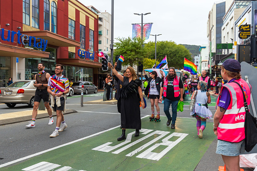 Wellington, New Zealand - March 09, 2024: Mayor of Wellington, Tory Whanau, Joyfully Marching in the Pride Parade, Celebrating Diversity and Inclusivity