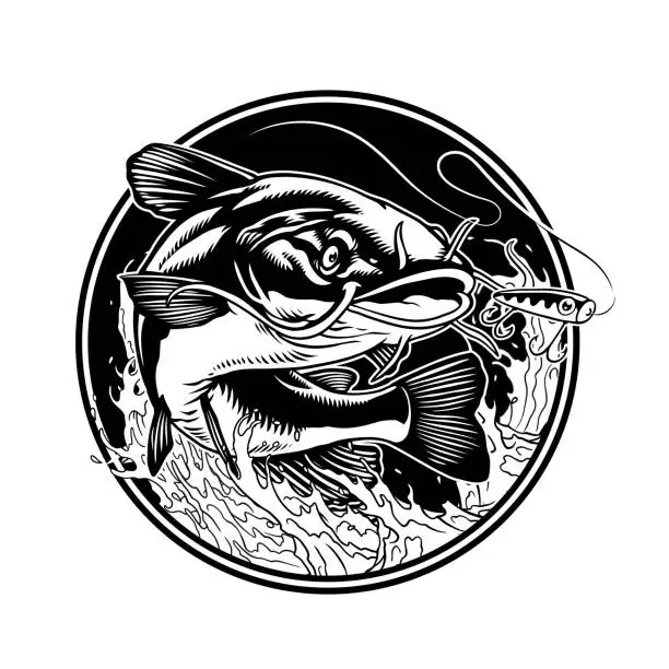 Vector illustration of Vintage Shirt Design of Big Catfish Fishing