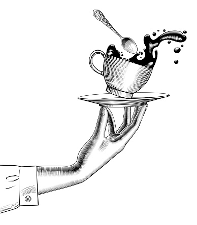 Woman's hand with a saucer on her fingers, cup with a splashed coffee and spoon mid air isolated on white. Vintage stylized drawing. Vector illustration