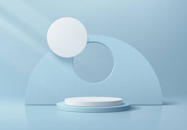 istock 3D background with blue, white podium product display in semi circle backdrop and sphere ball. Platforms mockup product display presentation. Abstract composition in minimal design. Stage showcase. 2070305780
