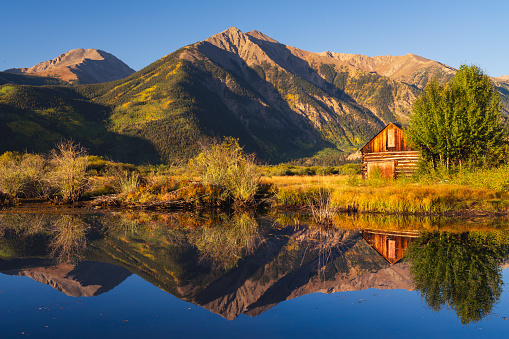 Twin Lakes Colorado Mountain and Old Barn Reflection in Autumn