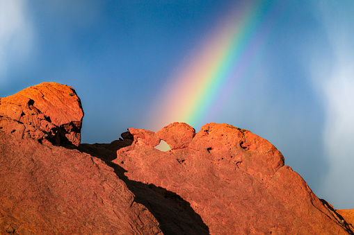 Rainbow over Rock Formation in Garden of the Gods Park in Colorado Springs