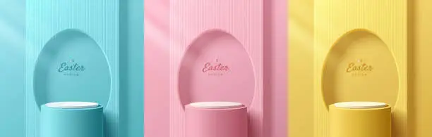 Vector illustration of Set of 3D happy easter day background. Yellow, blue, pink and white podium with oval egg shape backdrop scene. Pastel minimal abstract room. Mockup product display. Geometric platforms. Stage showcase