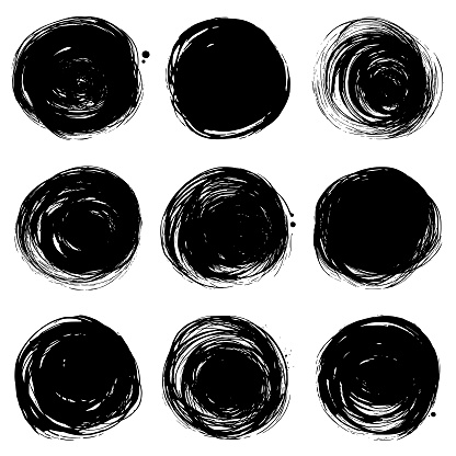 Circles set. Brush strokes. Black painted circles. Grunge texture backgrounds. Vector design elements.