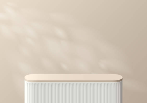istock 3D background with realistic white beige round corner podium and natural leaf lighting wall scene. Abstract composition in minimal design. Platforms mockup product display presentation. Stage showcase 2070325157