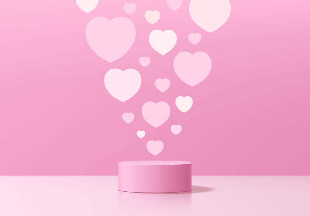 istock Valentine podium 3D background with pink cylinder pedestal and papercut hearts shape wall scene. Abstract composition in minimal design. Platforms cosmetic product display presentation. Stage showcase 2070325163