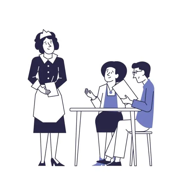 Vector illustration of A married couple makes an order to a waitress in a restaurant.